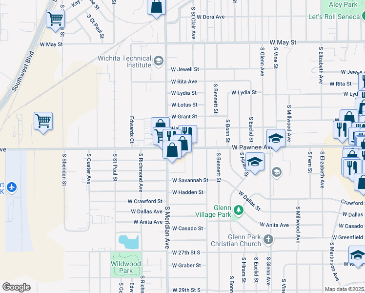 map of restaurants, bars, coffee shops, grocery stores, and more near 2404 East 23rd Street South in Wichita