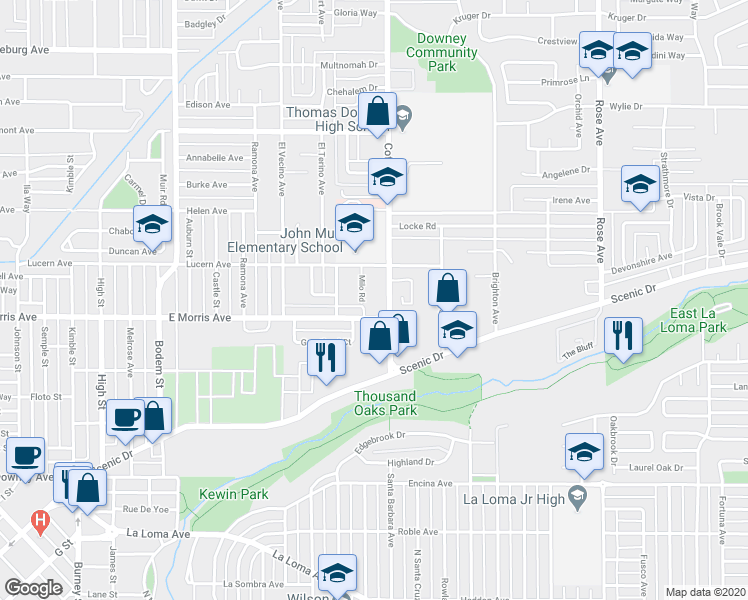 map of restaurants, bars, coffee shops, grocery stores, and more near 522 Milo Road in Modesto