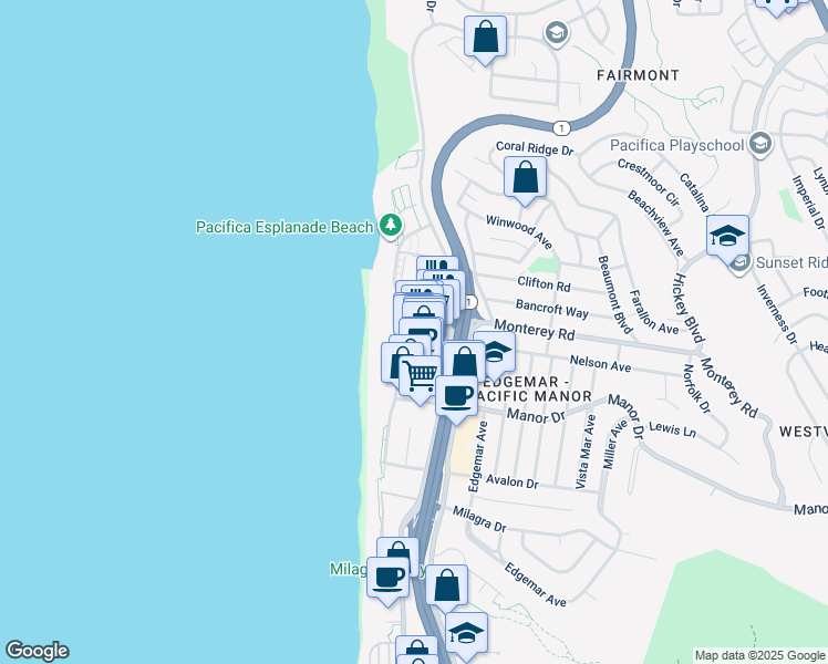 map of restaurants, bars, coffee shops, grocery stores, and more near 83 Bill Drake Way in Pacifica