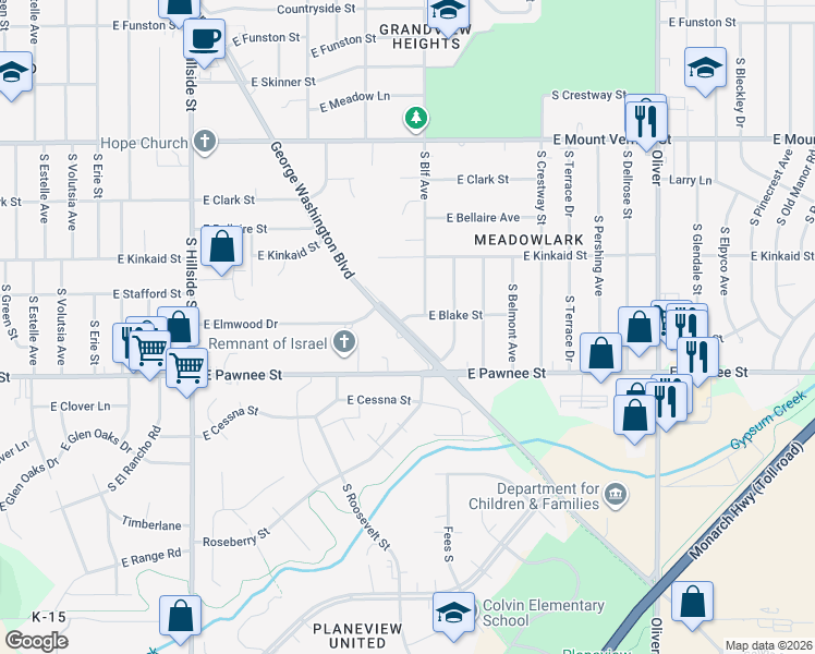map of restaurants, bars, coffee shops, grocery stores, and more near 2302 S George Washington Dr in Wichita