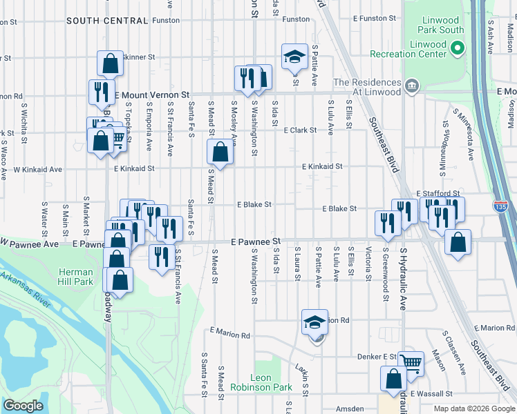 map of restaurants, bars, coffee shops, grocery stores, and more near 2302 South Washington Avenue in Wichita