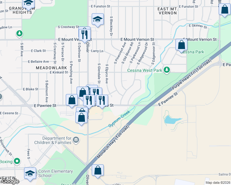 map of restaurants, bars, coffee shops, grocery stores, and more near 2301 South Pinecrest Street in Wichita