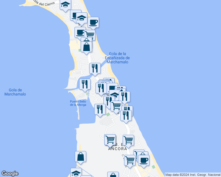 map of restaurants, bars, coffee shops, grocery stores, and more near km 1 Gran Vía de la Manga in La Manga