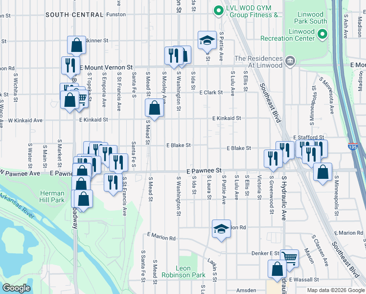 map of restaurants, bars, coffee shops, grocery stores, and more near 2302 South Washington Avenue in Wichita