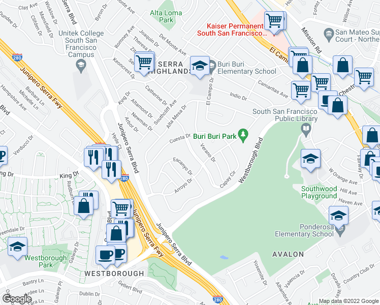 map of restaurants, bars, coffee shops, grocery stores, and more near 117 Lomitas Avenue in South San Francisco