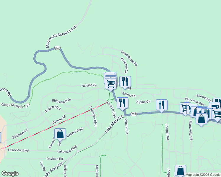 map of restaurants, bars, coffee shops, grocery stores, and more near 194 Hillside Drive in Mammoth Lakes