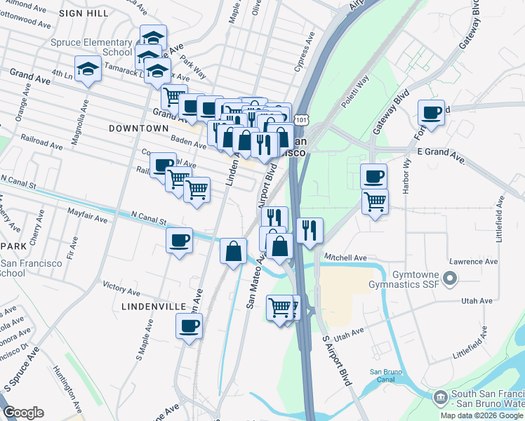map of restaurants, bars, coffee shops, grocery stores, and more near 62 Airport Boulevard in South San Francisco
