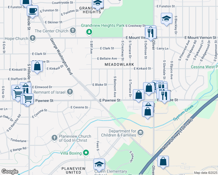 map of restaurants, bars, coffee shops, grocery stores, and more near 2308 South Broadview Street in Wichita
