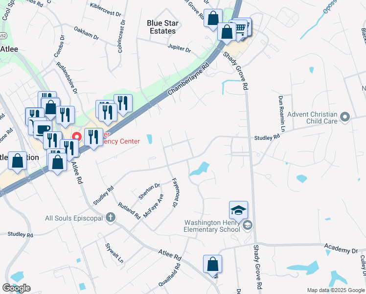 map of restaurants, bars, coffee shops, grocery stores, and more near 8283 Oakfield Lane in Mechanicsville