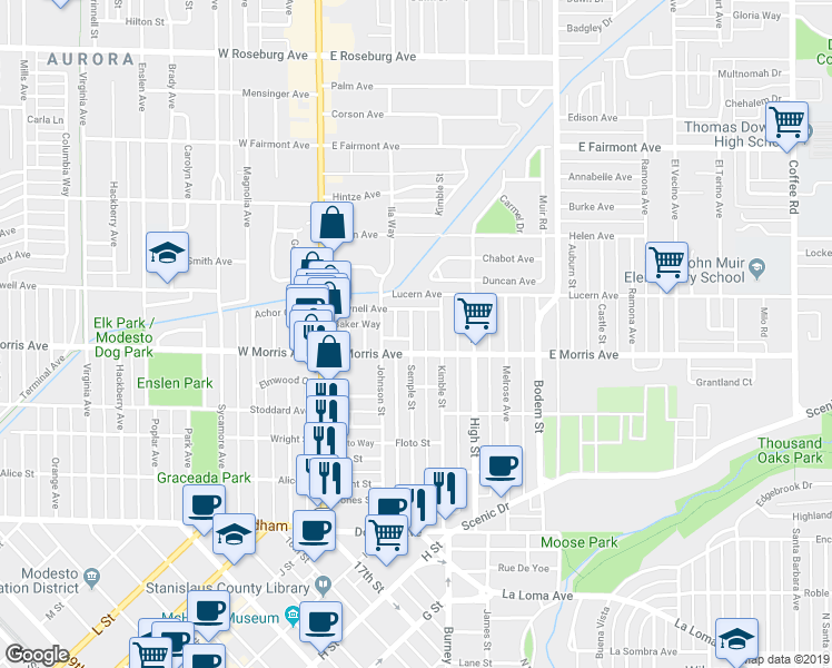 map of restaurants, bars, coffee shops, grocery stores, and more near 514 Semple Street in Modesto