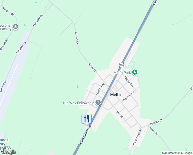map of restaurants, bars, coffee shops, grocery stores, and more near 19400 Airport Drive in Melfa