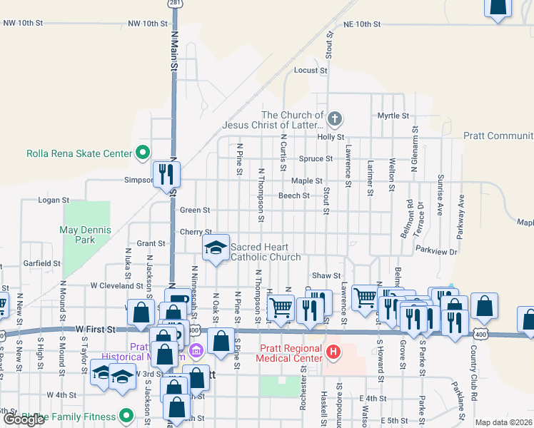 map of restaurants, bars, coffee shops, grocery stores, and more near 601-699 N Curtis St in Pratt