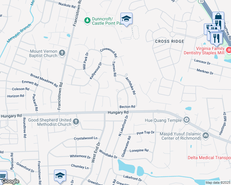 map of restaurants, bars, coffee shops, grocery stores, and more near 4618 Kingsrow Circle in Glen Allen