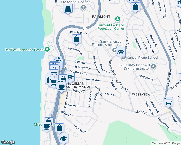 map of restaurants, bars, coffee shops, grocery stores, and more near 351 Monterey Rd in Pacifica