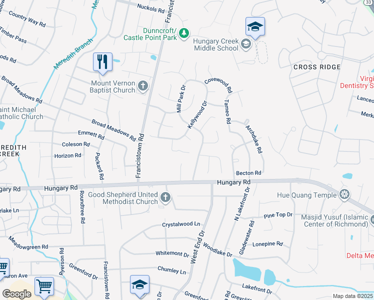 map of restaurants, bars, coffee shops, grocery stores, and more near 9104 Peace Mill Place in Glen Allen