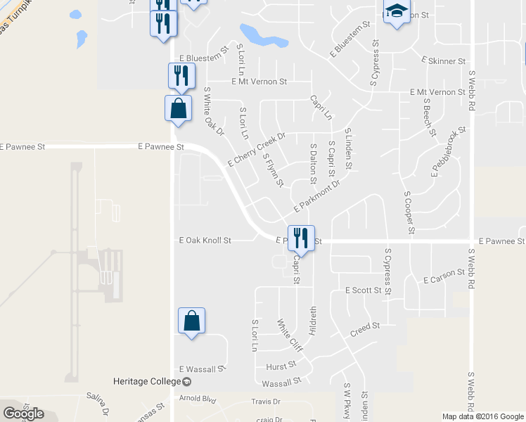 map of restaurants, bars, coffee shops, grocery stores, and more near 2328 South White Oak Drive in Wichita