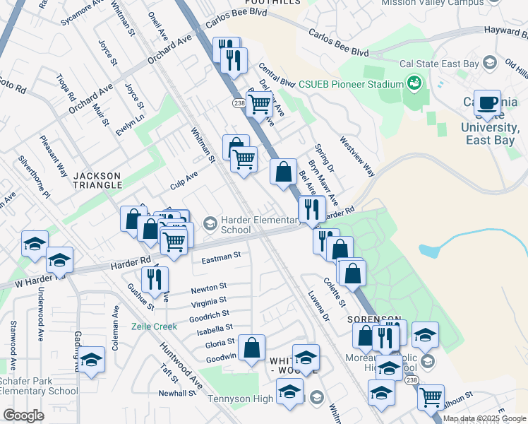 map of restaurants, bars, coffee shops, grocery stores, and more near 211 Fanuncio Lane in Hayward