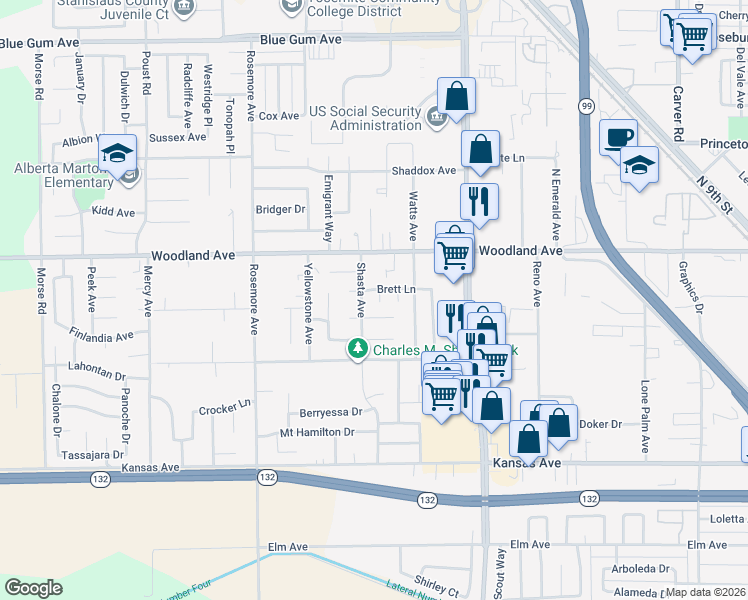 map of restaurants, bars, coffee shops, grocery stores, and more near 1740 Brett Lane in Modesto
