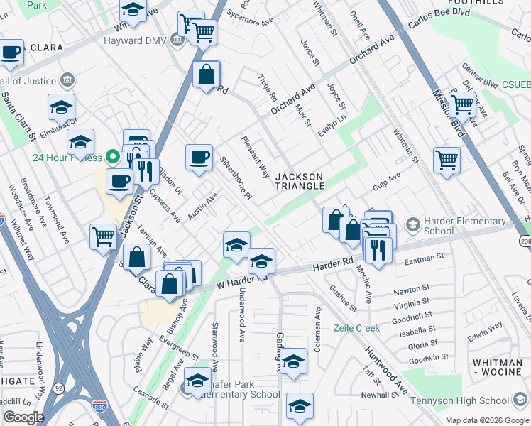 map of restaurants, bars, coffee shops, grocery stores, and more near 25098 Silverthorne Place in Hayward