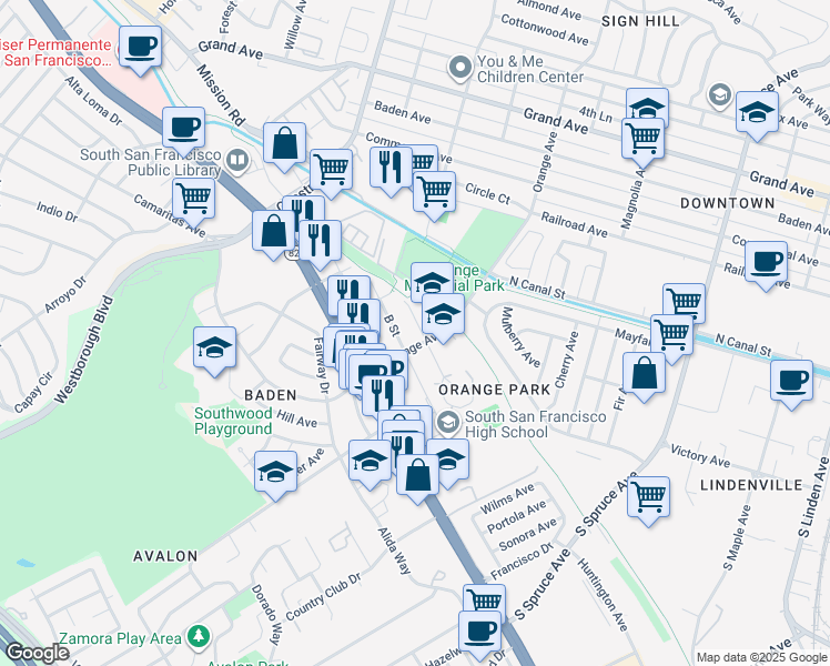 map of restaurants, bars, coffee shops, grocery stores, and more near 238 C St in South San Francisco