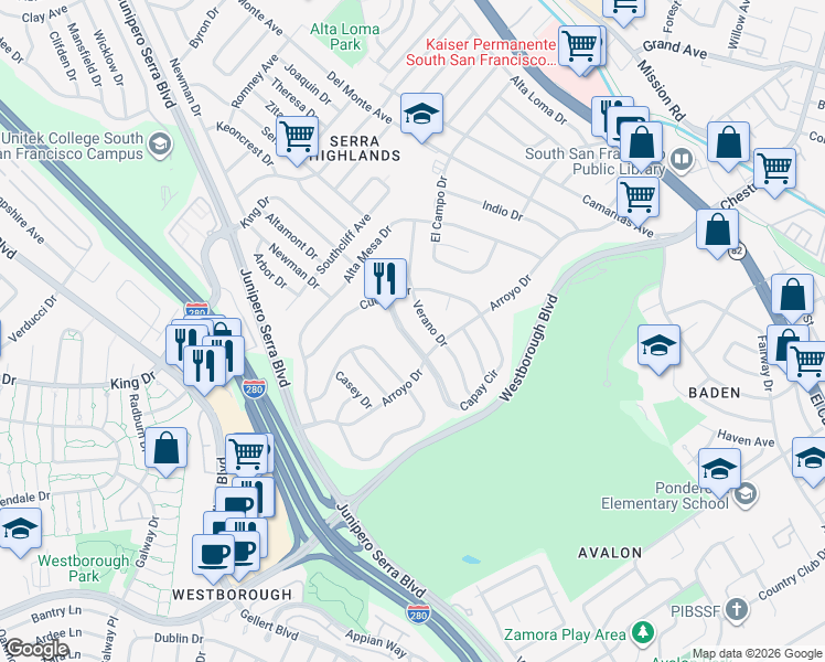 map of restaurants, bars, coffee shops, grocery stores, and more near 114 Lomitas Ave in South San Francisco