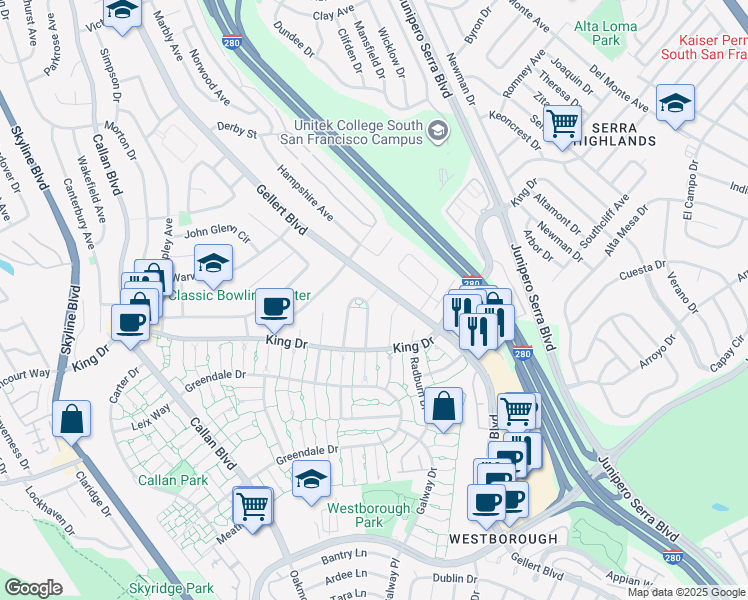 map of restaurants, bars, coffee shops, grocery stores, and more near 44 Camelot Court in Daly City