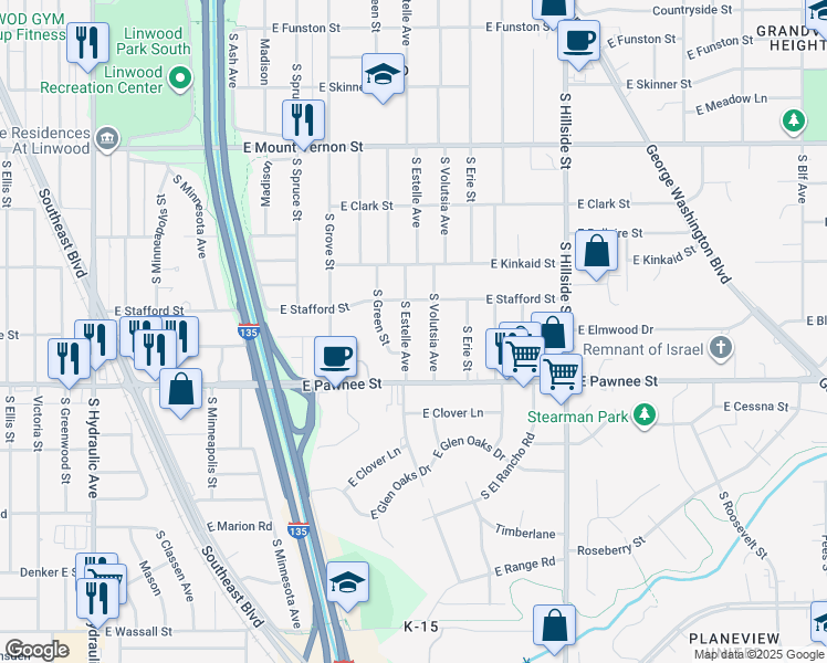 map of restaurants, bars, coffee shops, grocery stores, and more near 2332 South Estelle Street in Wichita