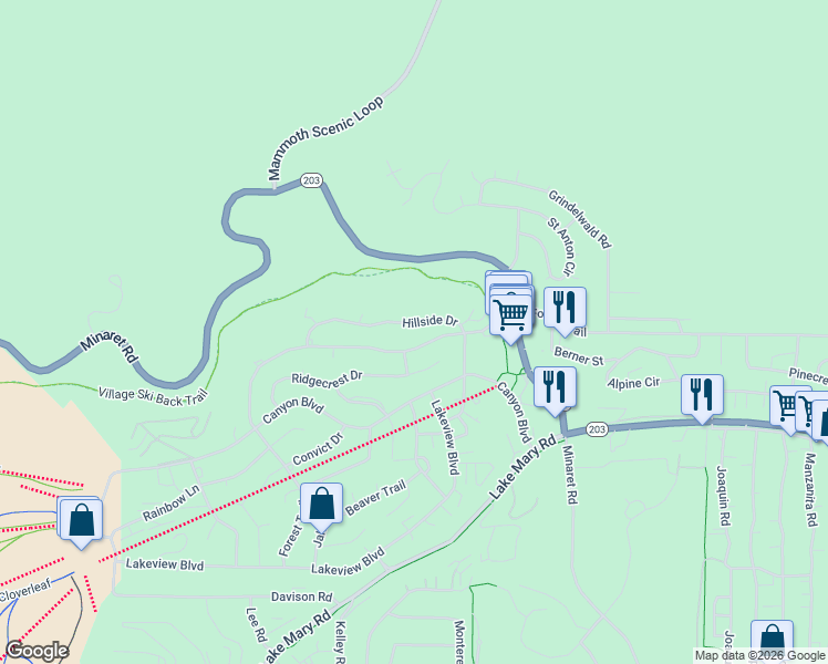 map of restaurants, bars, coffee shops, grocery stores, and more near 303 Hillside Drive in Mammoth Lakes