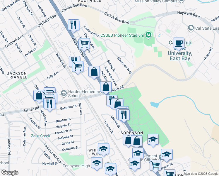 map of restaurants, bars, coffee shops, grocery stores, and more near 882 Harder Road in Hayward