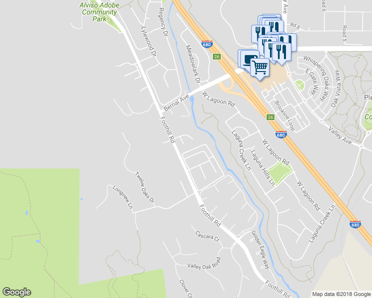 map of restaurants, bars, coffee shops, grocery stores, and more near 15 Foothill Lane in Pleasanton