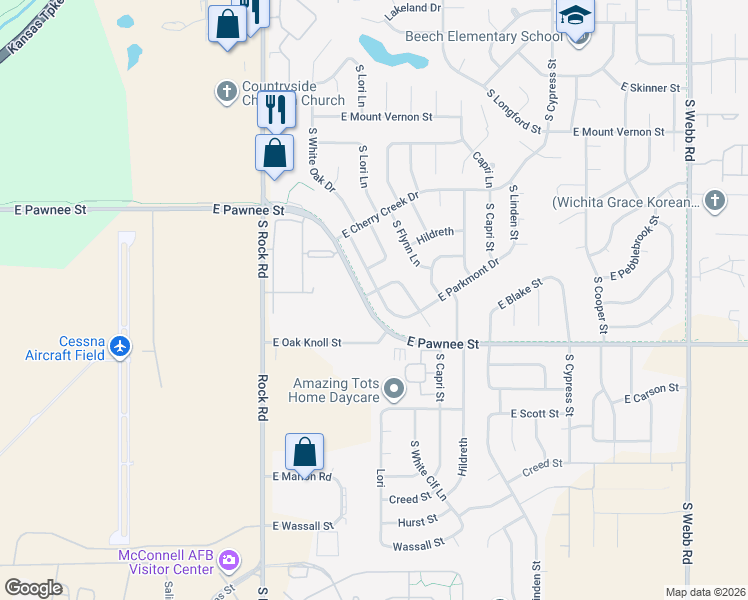 map of restaurants, bars, coffee shops, grocery stores, and more near 2328 South White Oak Drive in Wichita