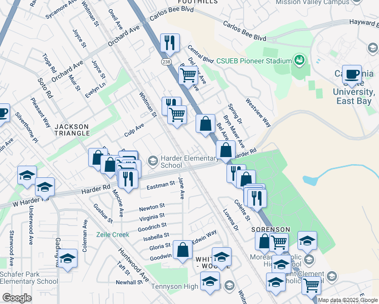 map of restaurants, bars, coffee shops, grocery stores, and more near 207 Fanuncio Lane in Hayward
