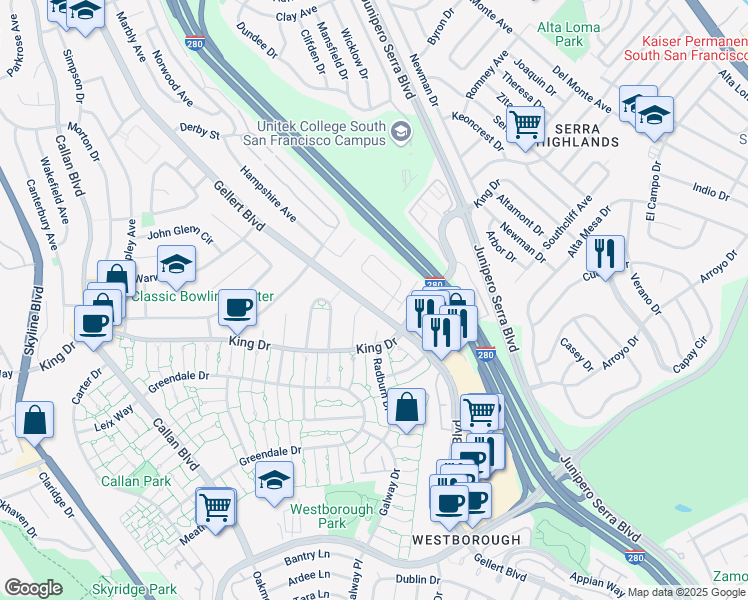 map of restaurants, bars, coffee shops, grocery stores, and more near 967 Gellert Boulevard in Daly City