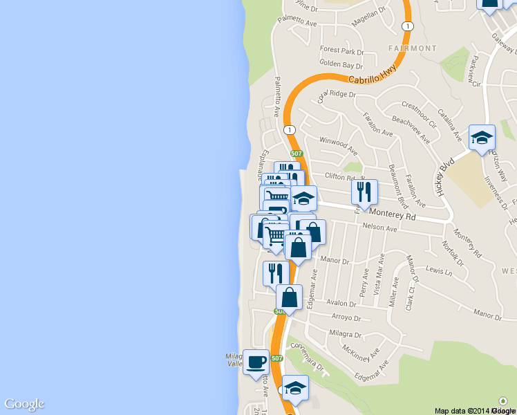 map of restaurants, bars, coffee shops, grocery stores, and more near 380 Esplanade Avenue in Pacifica