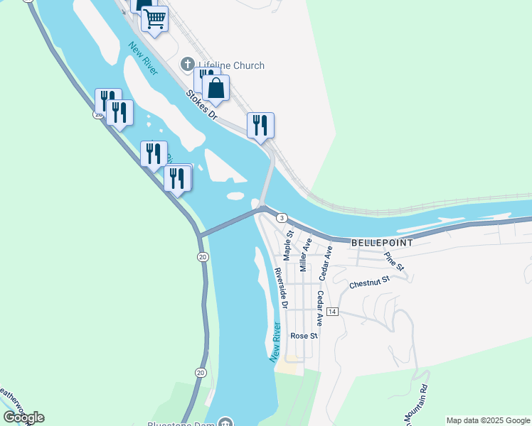 map of restaurants, bars, coffee shops, grocery stores, and more near Central Avenue in Hinton