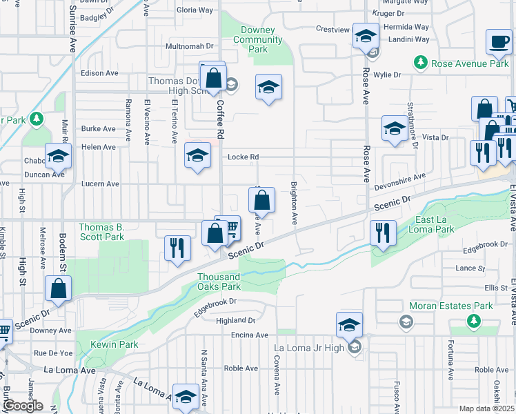 map of restaurants, bars, coffee shops, grocery stores, and more near Sunnyside Avenue in Modesto