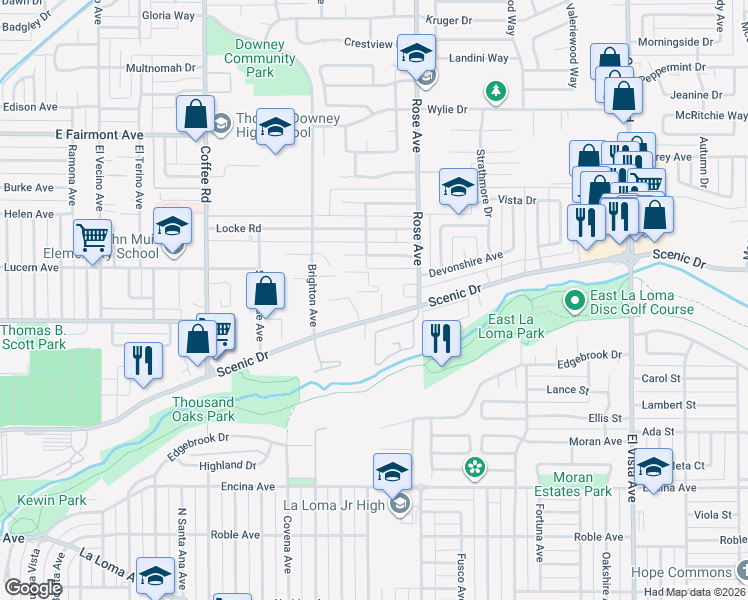 map of restaurants, bars, coffee shops, grocery stores, and more near 1625 Scenic Drive in Modesto