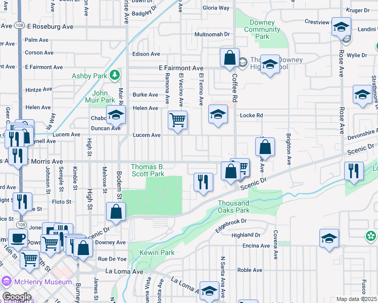 map of restaurants, bars, coffee shops, grocery stores, and more near 529 Esgar Avenue in Modesto