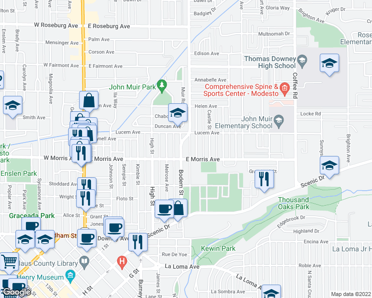 map of restaurants, bars, coffee shops, grocery stores, and more near 512 Bodem Street in Modesto