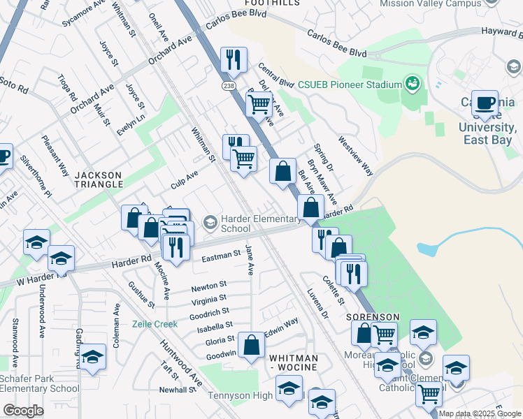 map of restaurants, bars, coffee shops, grocery stores, and more near 211 Fanuncio Lane in Hayward