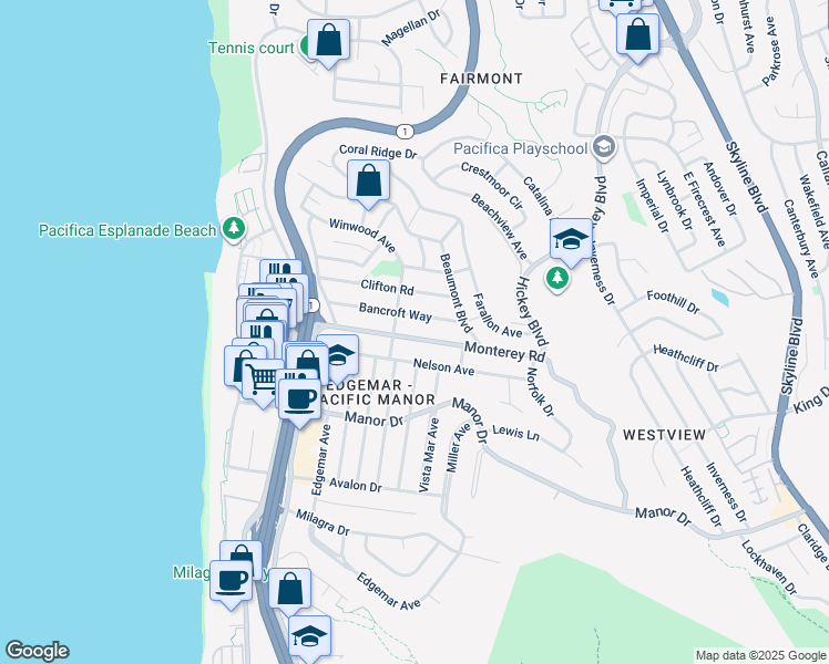 map of restaurants, bars, coffee shops, grocery stores, and more near 351 Monterey Road in Pacifica