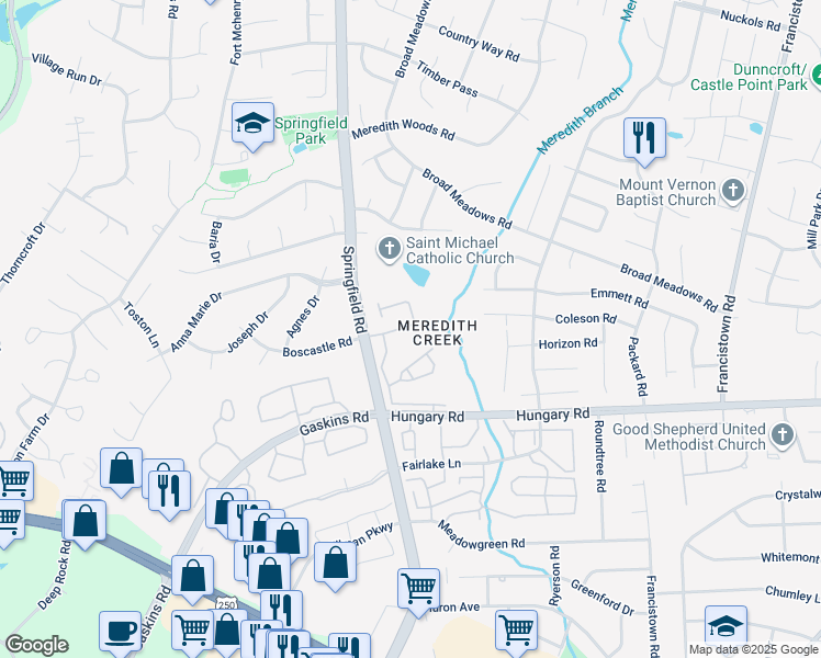 map of restaurants, bars, coffee shops, grocery stores, and more near 9513 Meredith Creek Lane in Glen Allen