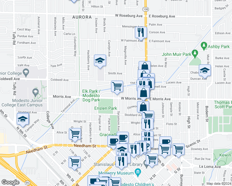 map of restaurants, bars, coffee shops, grocery stores, and more near 515 Sycamore Avenue in Modesto