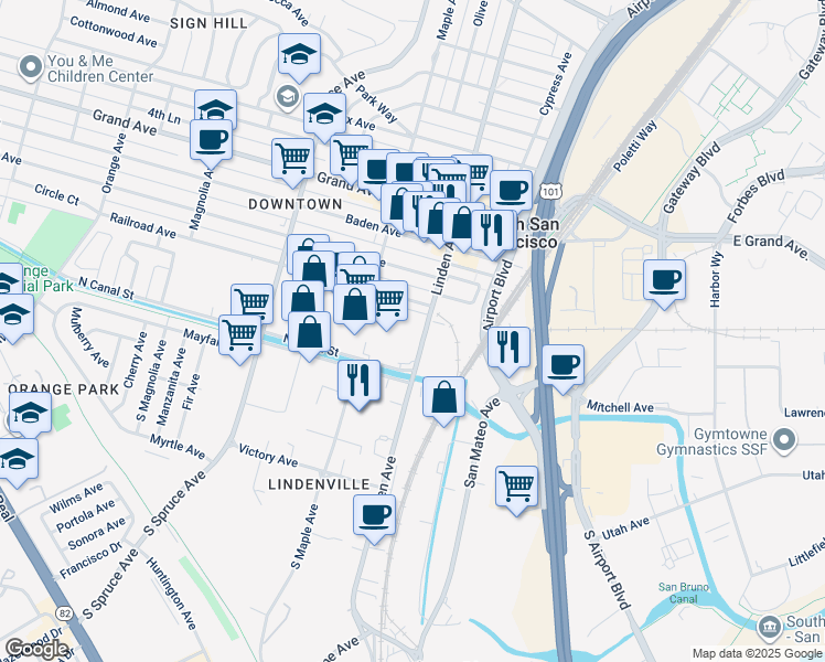 map of restaurants, bars, coffee shops, grocery stores, and more near 18 South Linden Avenue in South San Francisco