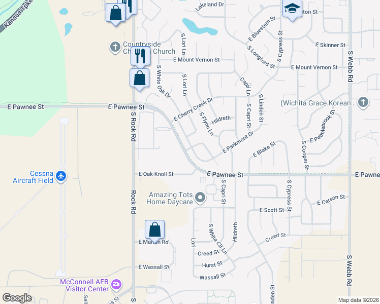 map of restaurants, bars, coffee shops, grocery stores, and more near 2303 South White Oak Drive in Wichita
