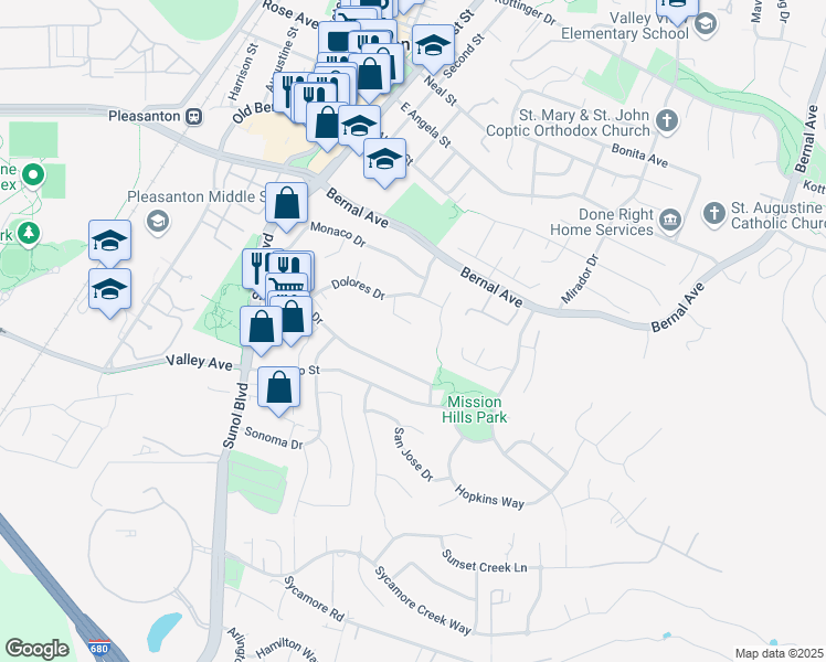 map of restaurants, bars, coffee shops, grocery stores, and more near 483 Los Rios Court in Pleasanton