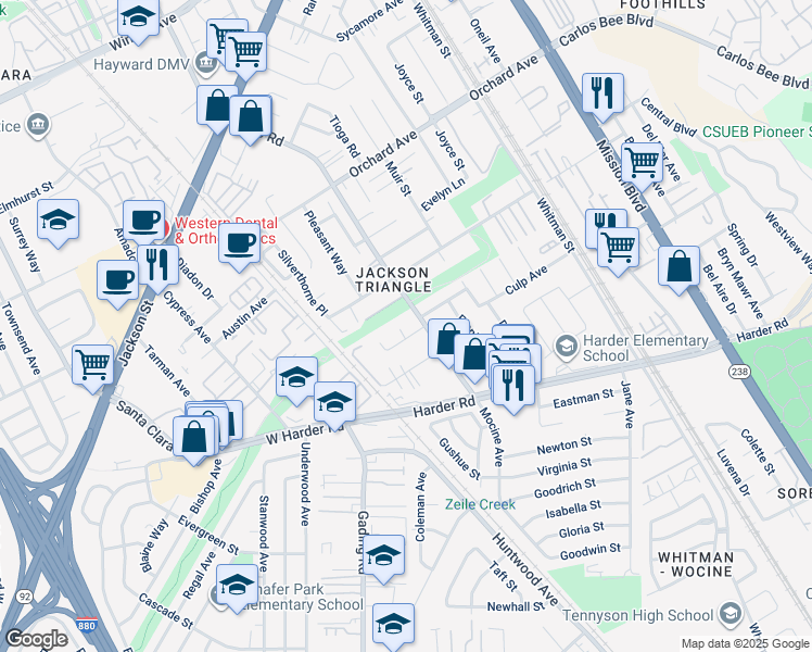 map of restaurants, bars, coffee shops, grocery stores, and more near 178 Hermes Court in Hayward