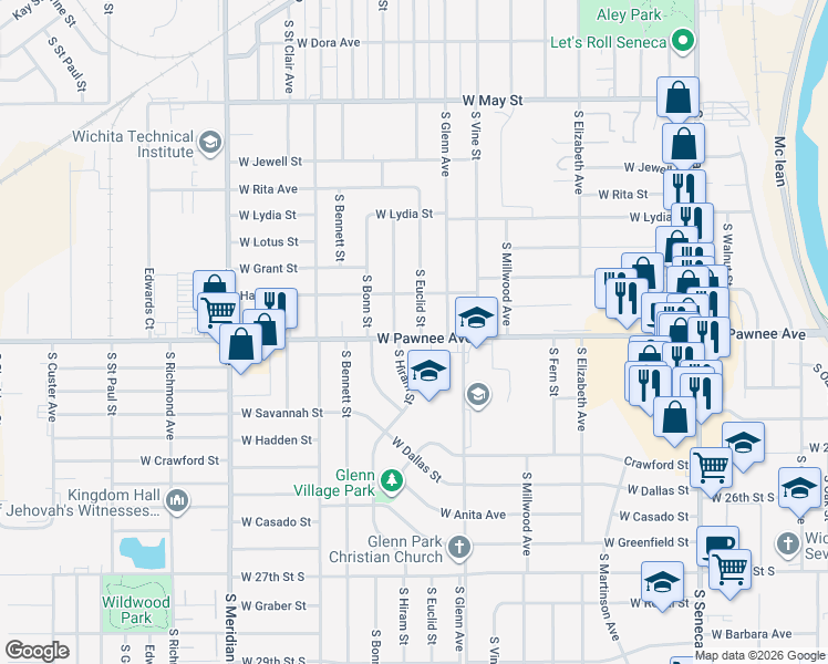 map of restaurants, bars, coffee shops, grocery stores, and more near 2337 South Euclid Street in Wichita
