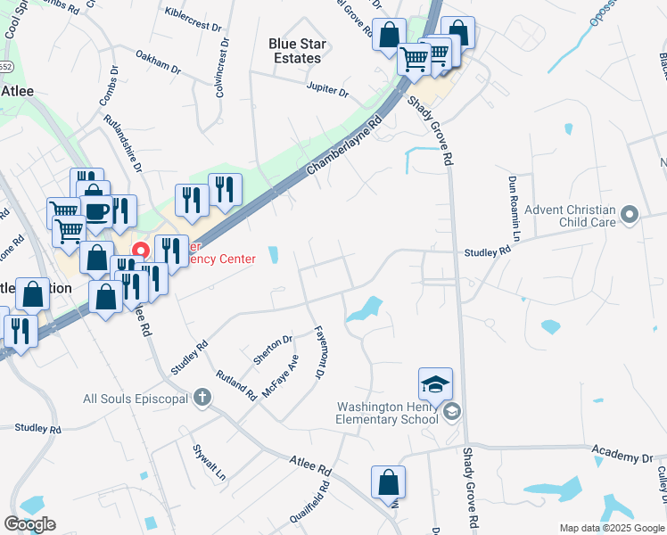 map of restaurants, bars, coffee shops, grocery stores, and more near 8283 Oakfield Lane in Mechanicsville