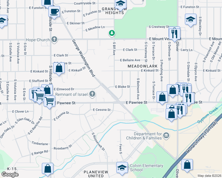 map of restaurants, bars, coffee shops, grocery stores, and more near 2302 S George Washington Dr in Wichita